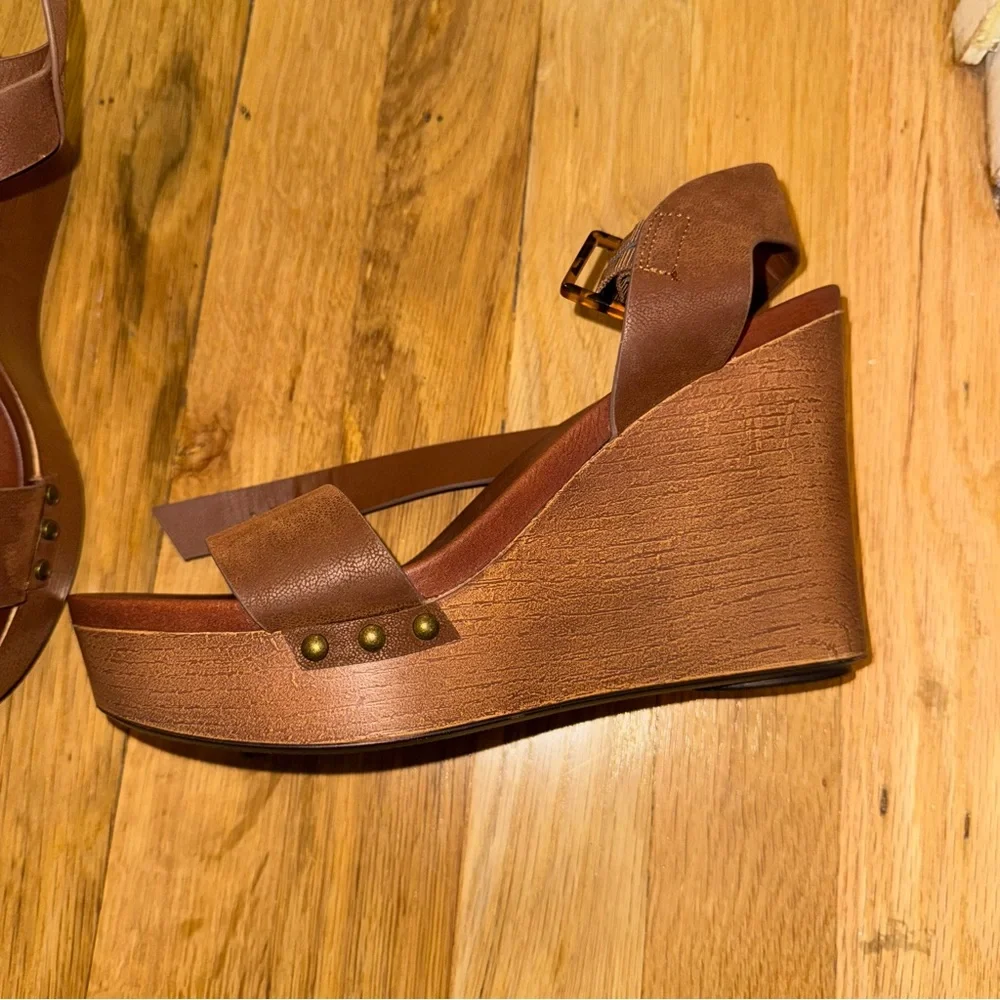 MIA Brown Leather Strappy Wedge Sandals